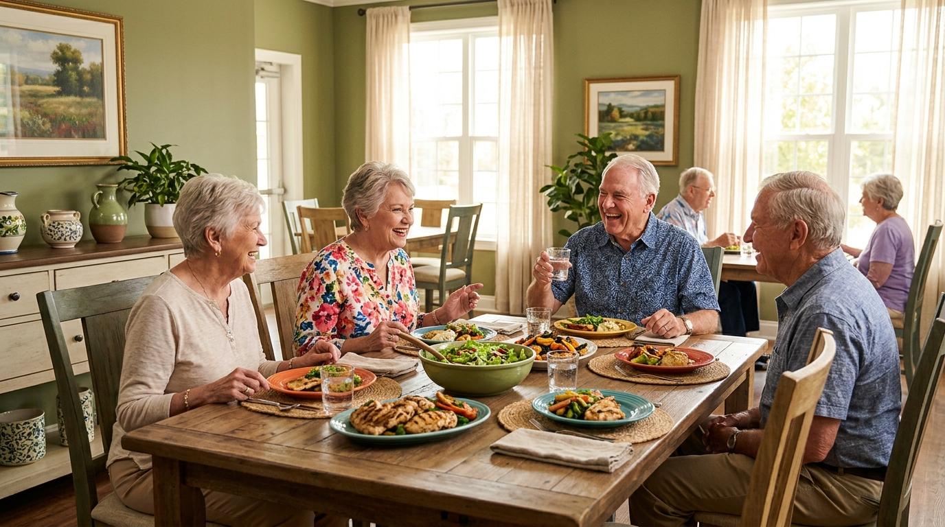 A group of seniors enjoys a vibrant dining experience at Sterling Pointe, a senior living community in Princeton offering comfort and care.