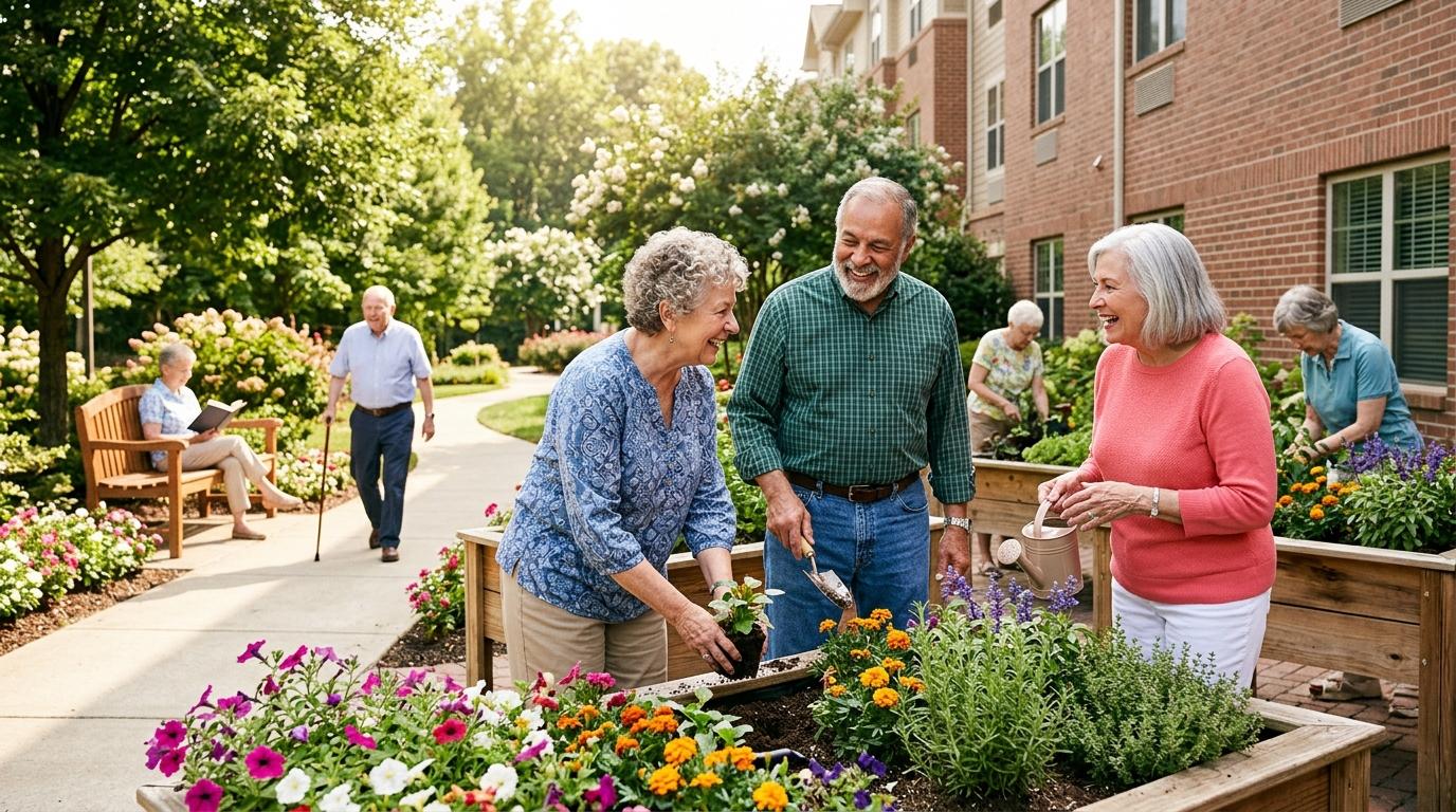 Smiling older adults enjoy an active lifestyle that includes gardening and walking outdoors at a senior living community.