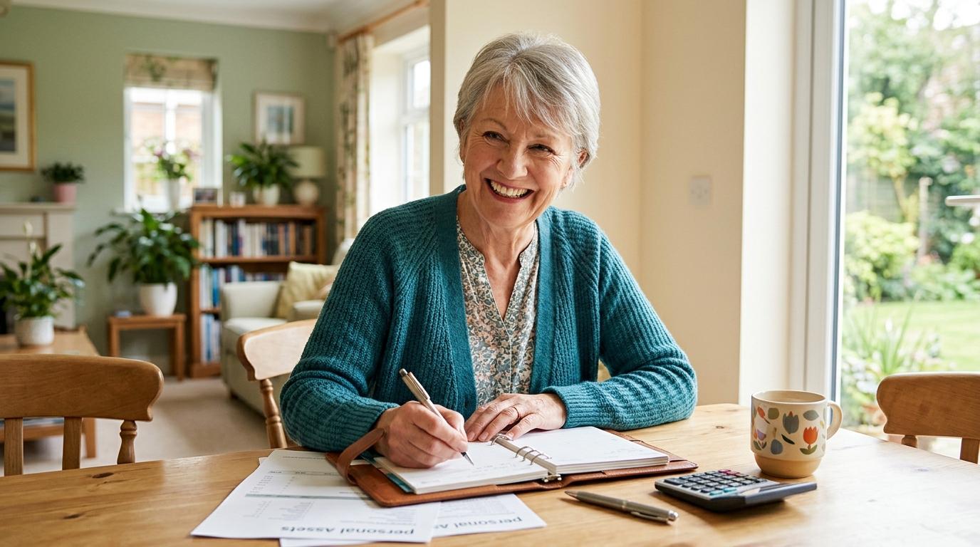 A smiling older adult reviews personal savings documents at a desk with a calculator, planning for senior living expenses.