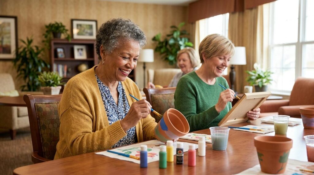 Two senior women actively engaged in conversation at a wooden