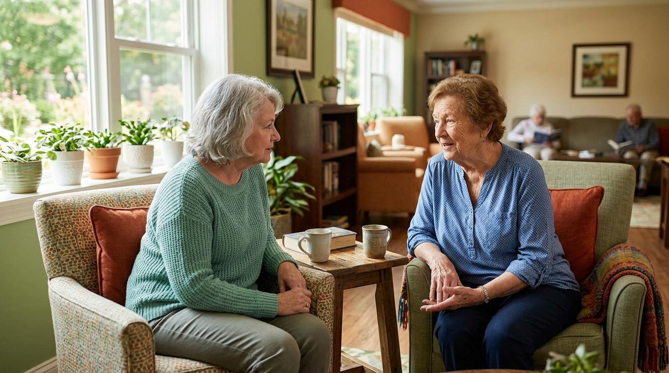 Two senior women engaging in conversation